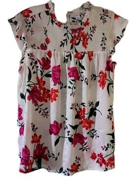 Old Navy Cream Floral Smocked Top with Pink & Red Blooms